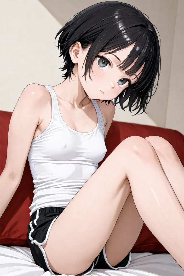 black hair short hair、One young woman 、White Tank Top、Bare legs、shorts、ear、face up、women only、No men、 looks up、sitting、I'll take a look at the angles、has small breasts