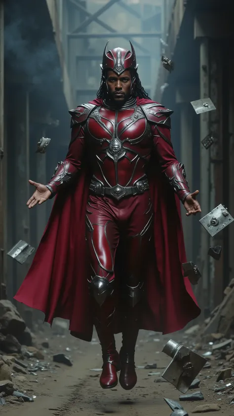 A cinematic close-up scene from a Magneto film, featuring a powerful and stylish reinterpretation of Magneto, portrayed by Kendrick Lamar. He is levitating above the ground, his hands raised as he telekinetically moves metallic objects around him with his ...