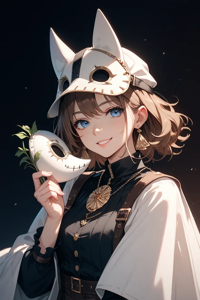 image. An adult girl with blue eyes and brown hair. Pictured sideways, sly smile. A white Plague Doctor mask is holding in her hand. dark clothes,  dark background. 2d style