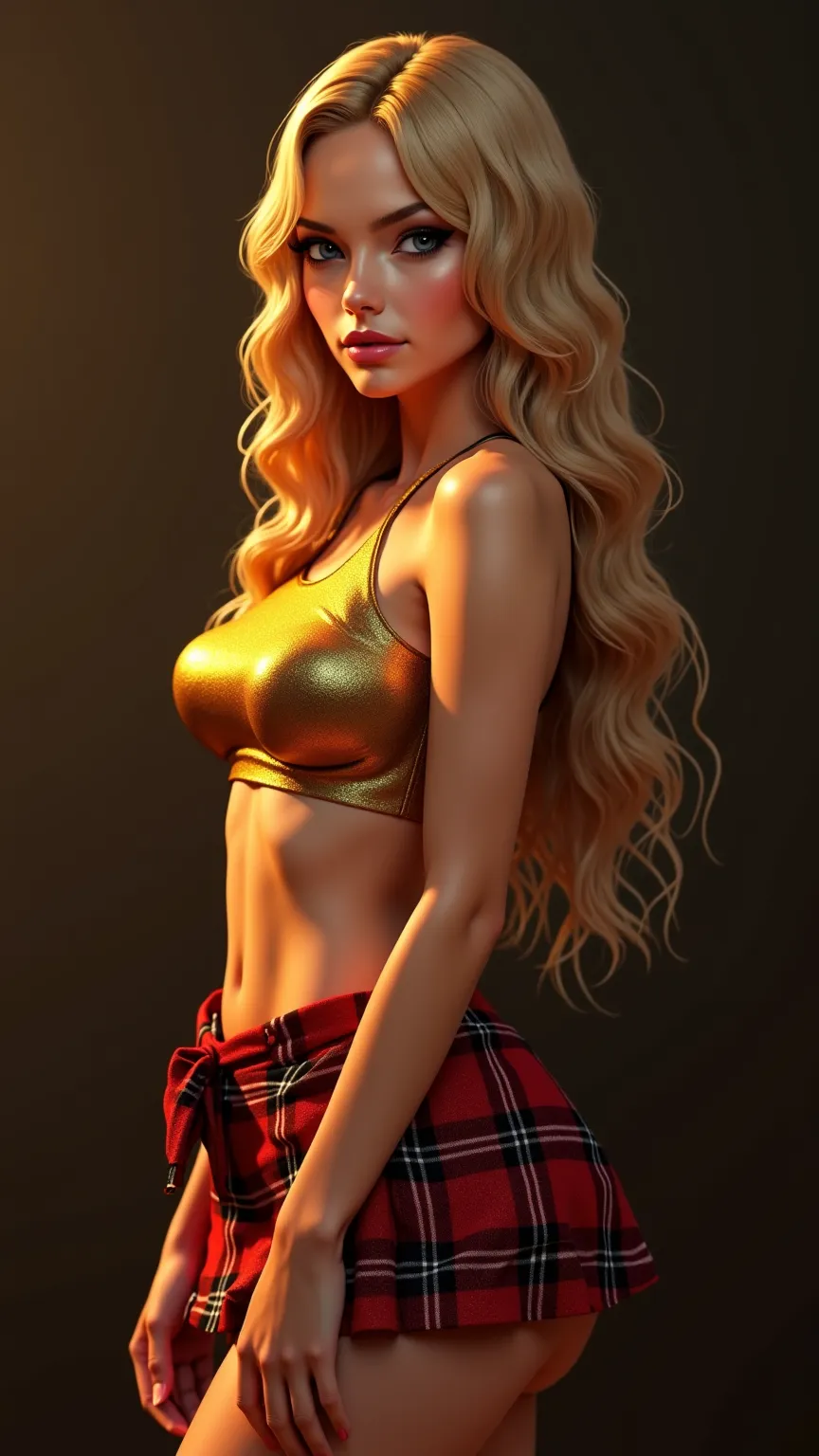 cute young woman with blond long hair, golden one-shoulder-top and tartan miniskirt, Very shiny, very sexy, very busty,  slim, wet, Shiny blonde hair, wetlook style, perfectly styled, neat, noble