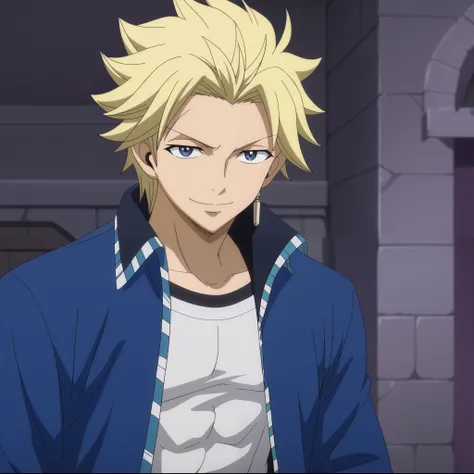 close-up, looking at viewer, score_9, score_8_up, score_7_up, source_anime, StingFT, Sting blonde hair, light yellow Sting, 1boy, male focus, anime screencap, a blue men's jacket with black details, which fits his athletic figure. Underneath, he wears a bl...