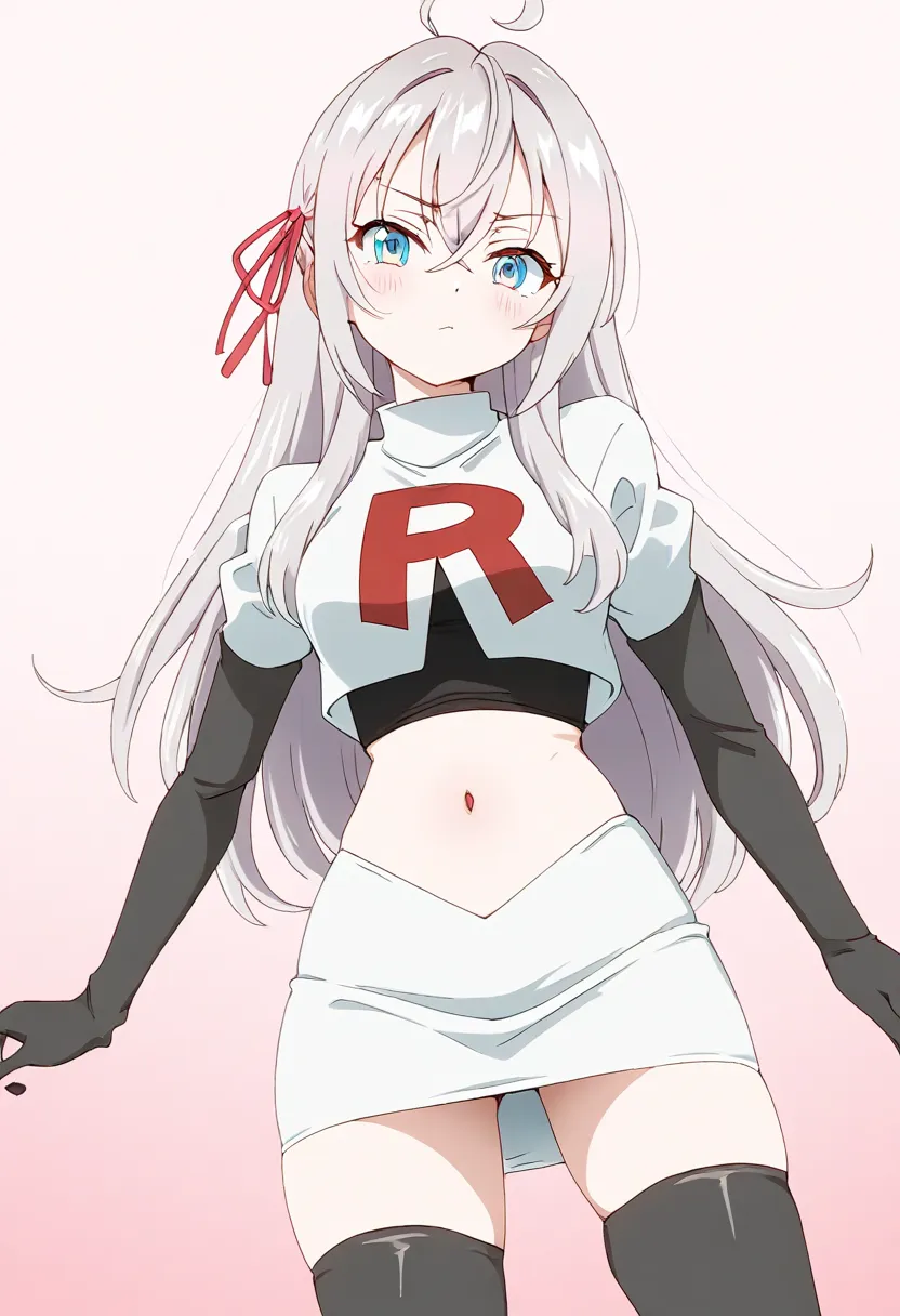 masterpiece, best quality, amazing quality,
1girl, solo, looking at viewer, gradient background, 
long hair, silver hair, ahoge, crossed bangs, red hair ribbon, sidelocks, blue eyes,
team rocket,team rocket uniform,white skirt,red letter R,crop top,black t...