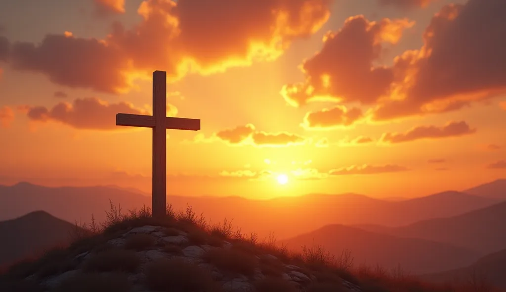 "A wooden cross standing on a hilltop under a vibrant sunset sky, with golden light radiating outward, representing God’s eternal promise of healing and salvation."