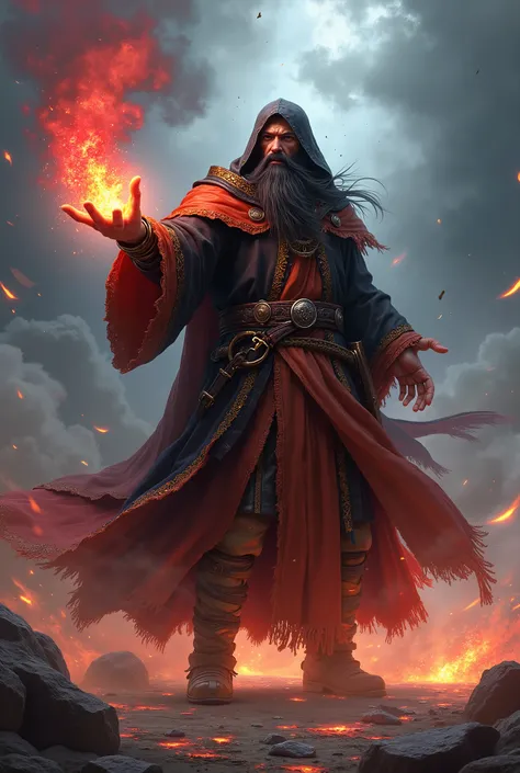 The image depicts a powerful wizard draped in long, flowing robes, with a hood partially covering his face, giving him a mysterious and imposing air. His long black beard flows in the wind, reinforcing his wise and ancient appearance. He is in the midst of...