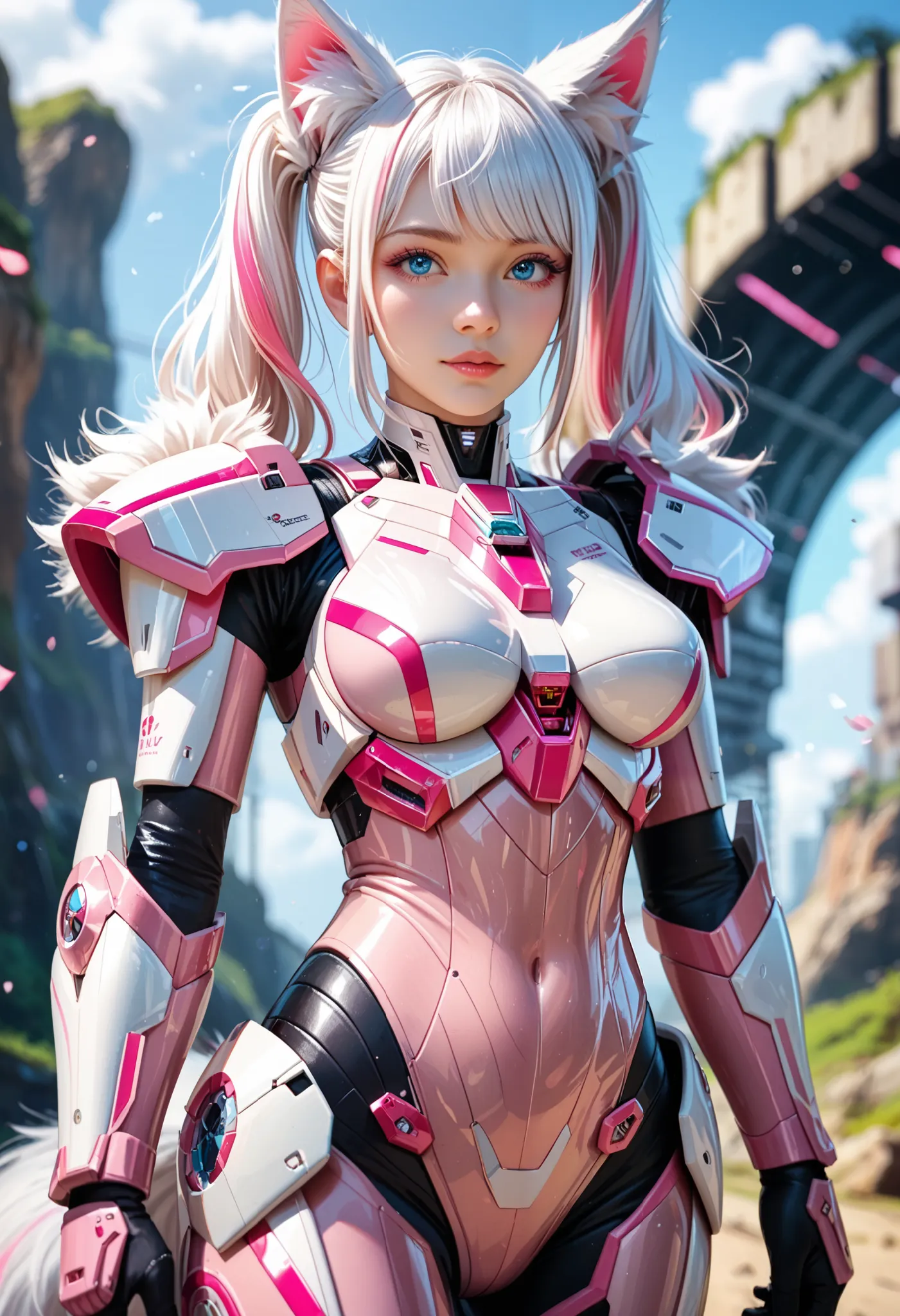 adult fox woman, soft make-up,in a futuristic scenery,  BREAK wearing a fox mecha armor with a pink bodysuit, BREAK (metallic fox ears and fluffy tails), Twintails curvy hair, ((white hair with pink streaks)), cyan blue eyes, Natural soft light, vivid colo...