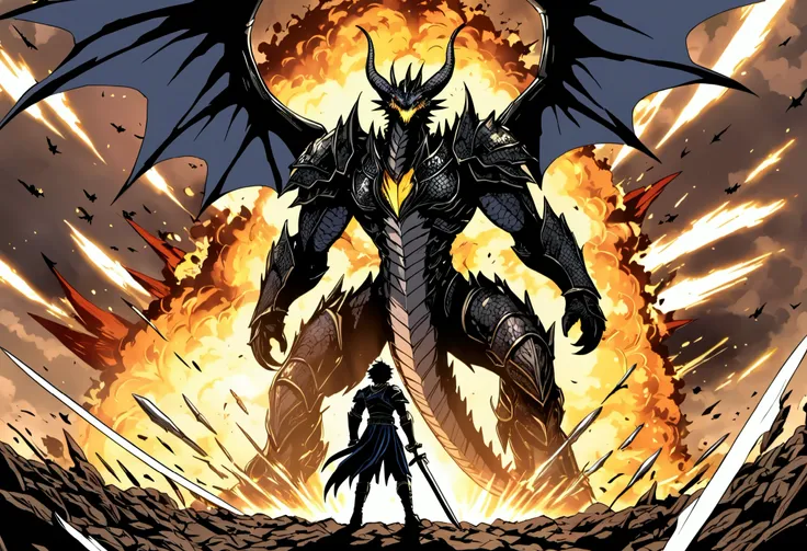 Comics in Chrome、japanese manga、The final moments of the great battle in the sky, where Bahamut(dragon witf wings) is destroyed by a massive energy explosion. Hero man standing, his sword planted in the ground, exhausted but victorious. hero atacck the bah...
