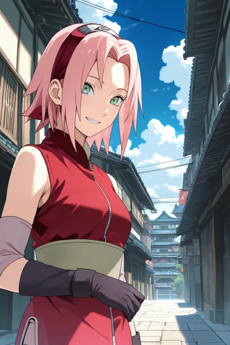 sakura haruno,1girl,short hair,solo,looking_at_viewer, sleeveless,forehead protector,hairband, black_gloves, bare_shoulders, red_shirt, konohagakure symbol,smile,zipper


BREAK
outdoors,blue sky,cloudy sky,old japanese city,old city


