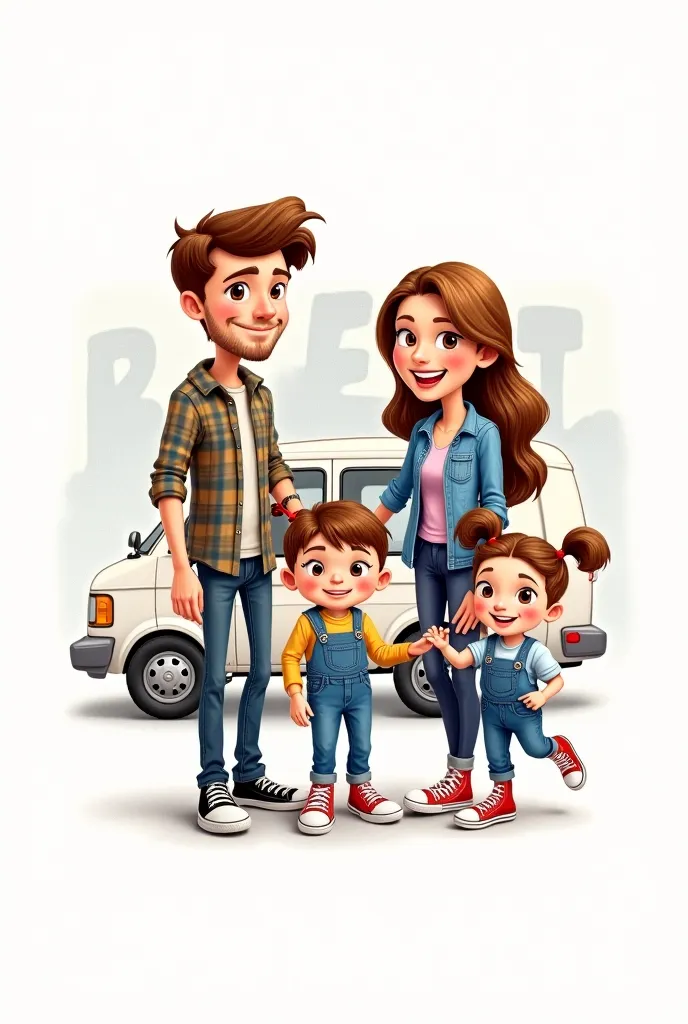 Drawing showing a happy family. A slender father with brown hair appears, a little beard, a plaid shirt and carries a car in his hand. A slender mother with long brown hair also appears, wearing jeans and an open denim jacket and a pencil in her hand. A th...