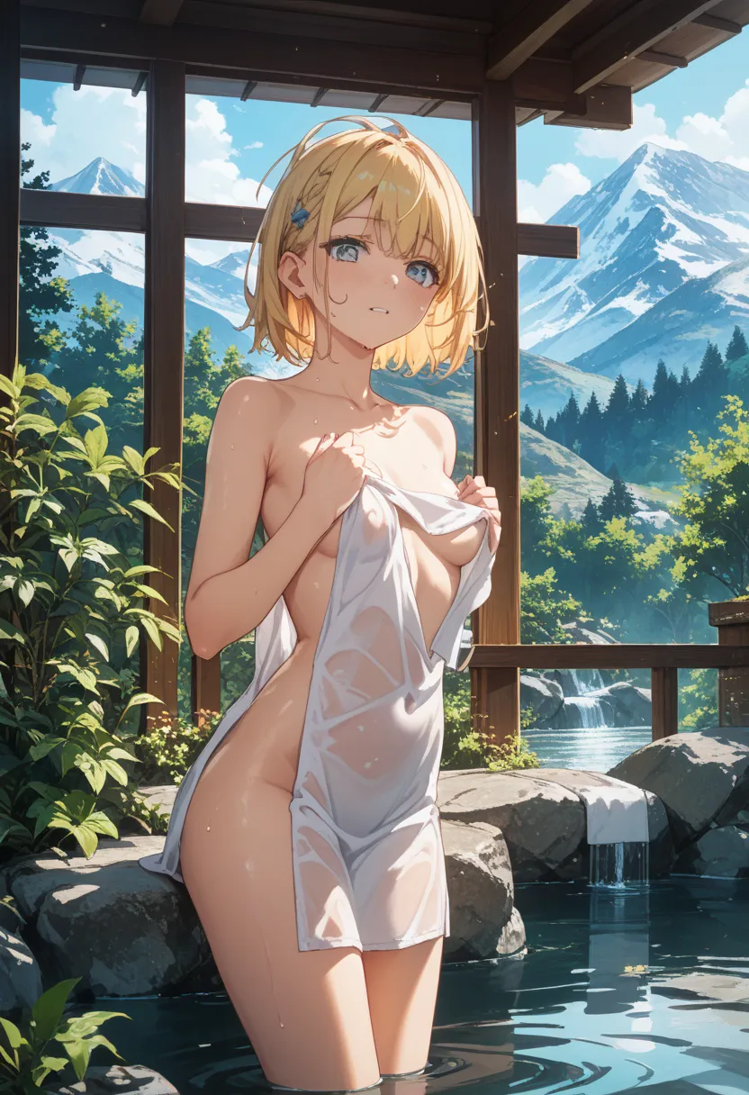  towel、Hot Springs、Mountain、1 girl、small breasts、sagitales、blond hair、sweat、