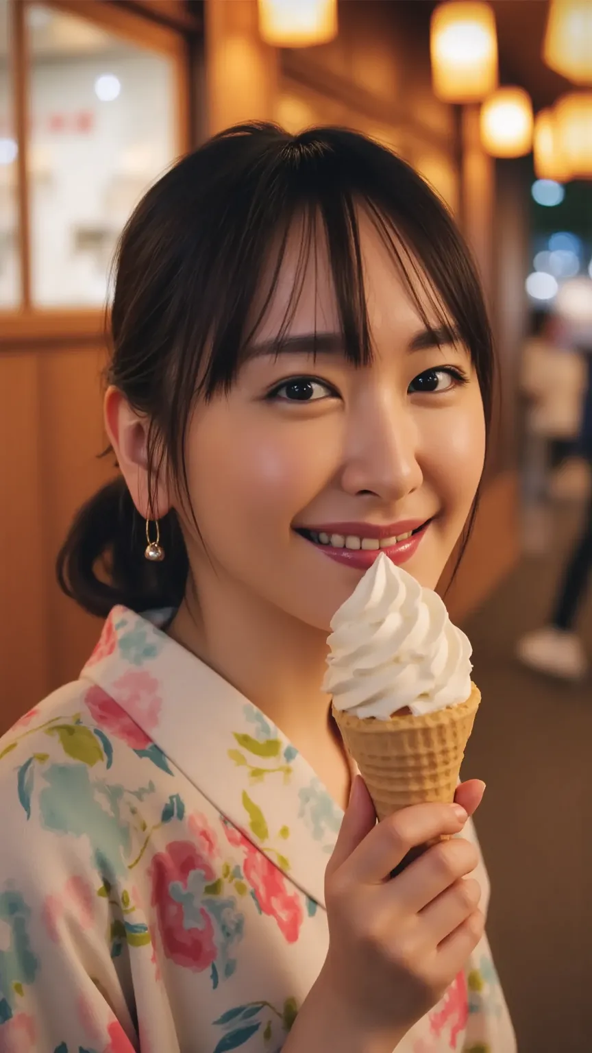 At a vibrant Japanese summer festival under the night sky, a young woman in an elegant yukata enjoys a delicious ice cream cone, her lips gently touching the creamy surface as she takes a small, delighted taste. Her jet-black hair is neatly gathered at the...