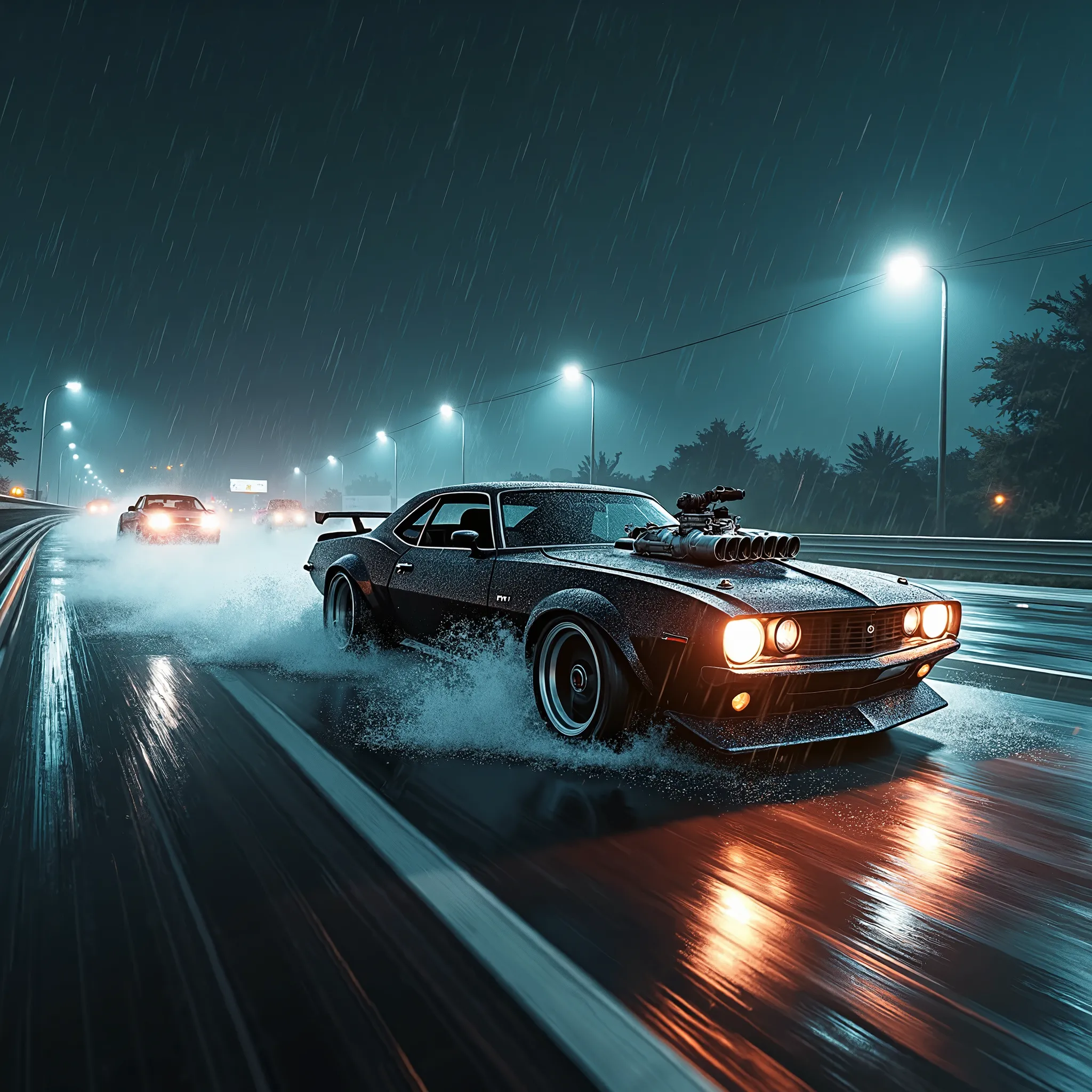 Midnight, rainy highway, modified cars racing, breakneck speed, wet road surfaces, splashing water, dynamism, pinching silence, bustle, a night of frenzy, Night Racing on a Rainy Highway