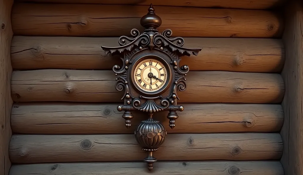 Old Cucu wall clock hanging on the wall of a log cabin marked 12 o'clock