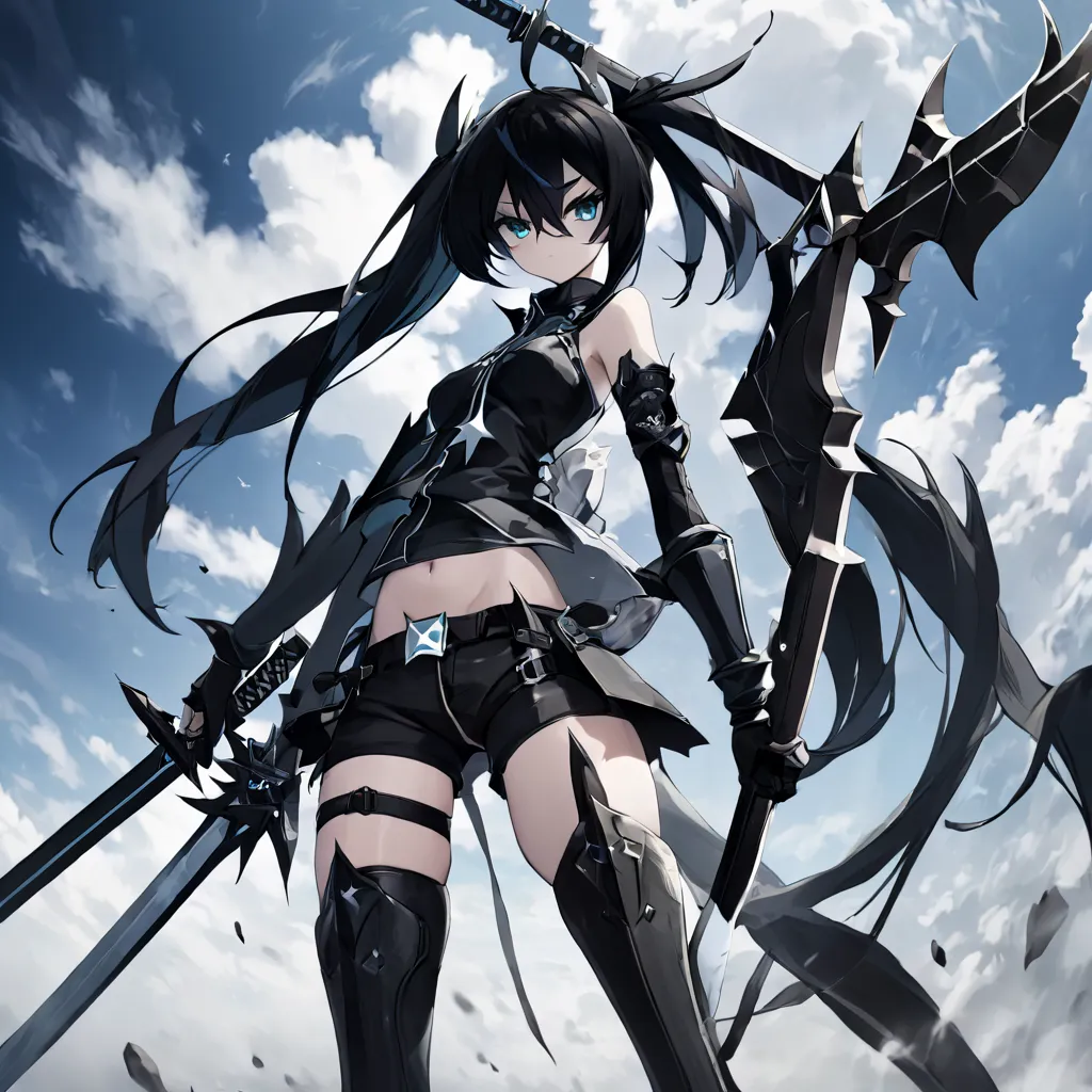 Insane Black Rock Shooter, games, swords, female, thigh highs, clouds, armor, weapons, ibrs, duo, shorts, anime, black rock shooter, katana, brs, armour