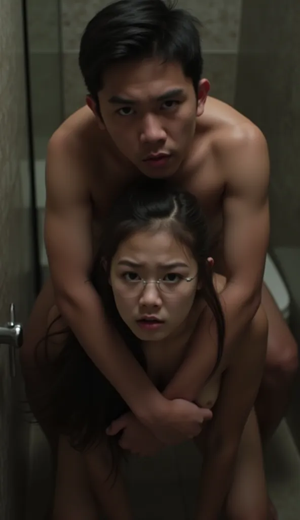 a 18 Year old big boy on 18 year old white slim asian girl shoulders on dark bathroom, shoulder ride, piggyback the girl, carrying person, boy on top half of image, girl on bottom half of image,the boy hands on the girl hair ،she is standing on bathroom, t...