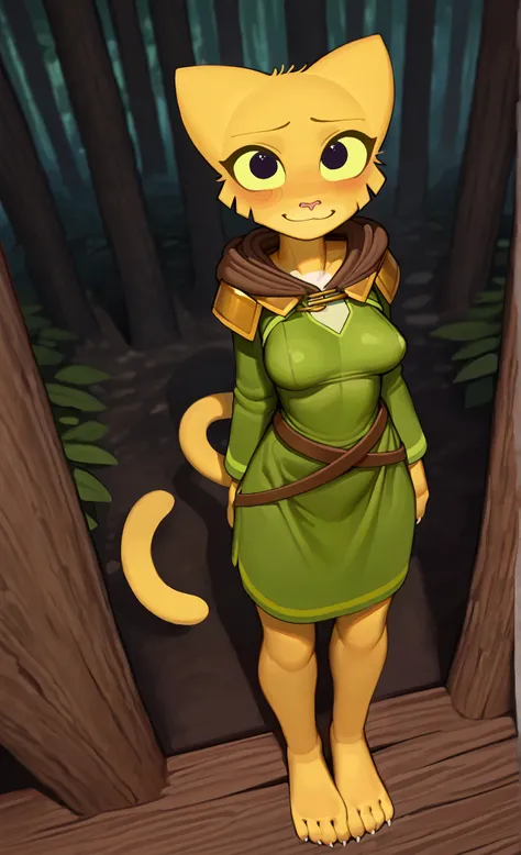 ((katia managan)), ((pixelsketcher)), ((wamudraws)), ((masterpiece)), ((high resolution)), ((solo portrait)), {(attractive figure), (skinny body), (perky breasts), (pretty feet), (yellow fur), (pink cat nose), (long yellow cat tail), (claws), (cute black e...