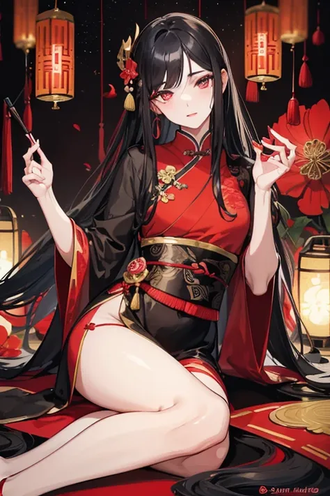 a beautiful and feminine young man, male courtesan, male geisha, he has a tear mole under his left eye, black long hair, black eyes, red chinese long clothes with flower pattern, light makeup, red lipstick, chinese room.