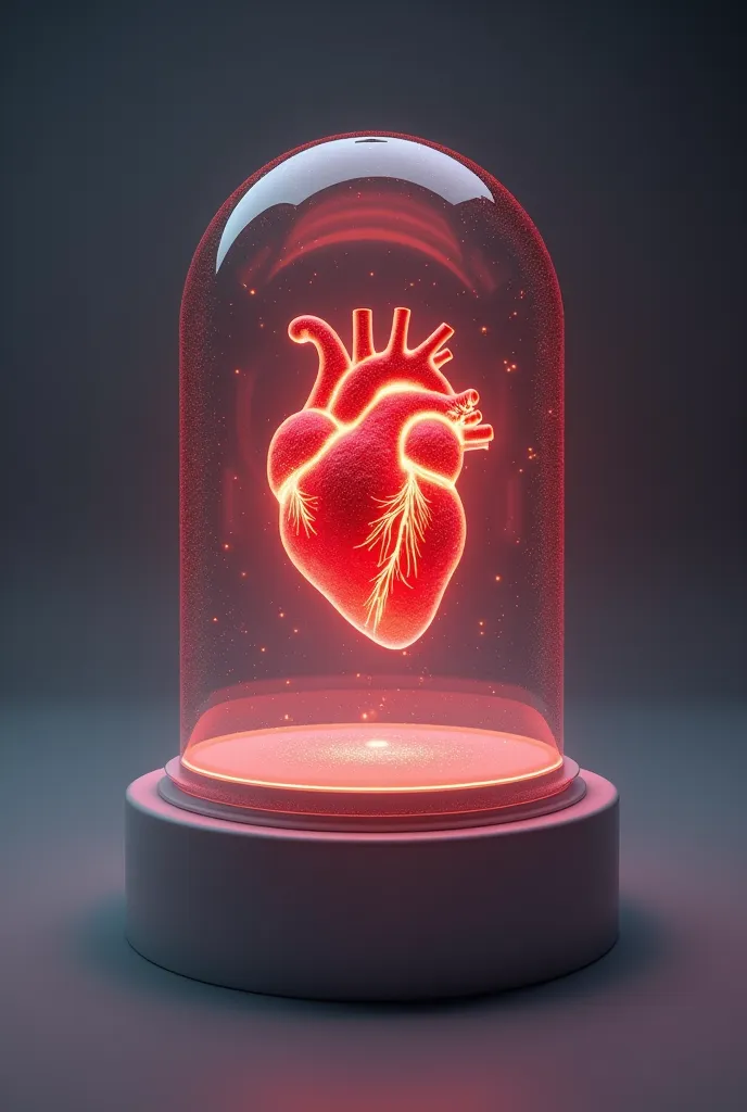 Heart inside a shiny, floating glass box atop a pedestal 