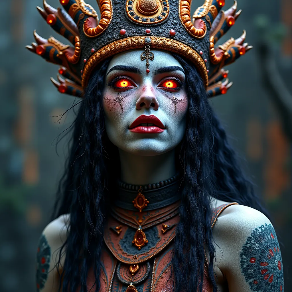 ((witch woman) best quality, Ultra-high resolution, 4K CG scenario, masterpiece,  Vucub Caquix , Mayan outfit , Mythology woman Stone Age aesthetic, ((King half woman, horror image with witch eyes of a panda centered on the screen A woman's face in cubist ...