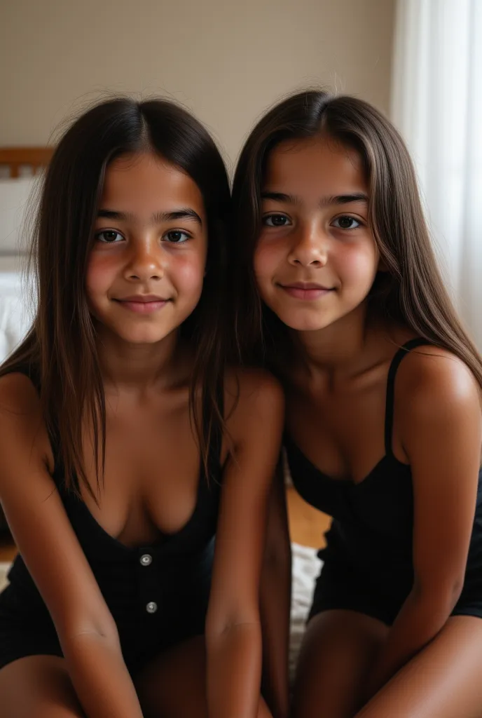 2 cute young looking, latina tween girls, pigtails, 10 yars, they are wearing a cute outfit with garter belt,  high stockings, wearing high heels, black colors, flat chest, facing the camera, they are sitting on the floor, their l egs tangled, photorealist...