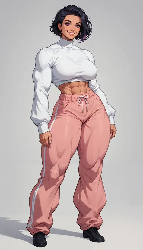 very attractive 23 yo latina woman, female bodybuilder, ultra muscular thighs, ((dark)) perfect flawless skin, long straight raven-black hair, friendly soft smile, massive bulging musculature, extremely ((muscular)) thighs, enormous hips, round bulging glu...