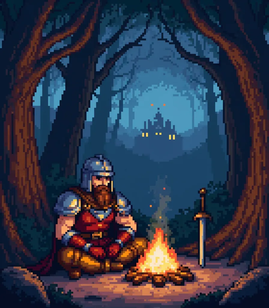 "A pixel art scene depicting a battle-worn warrior sitting in front of a crackling campfire, resting after a long journey. The warrior wears a rugged, slightly dented steel helmet, a tattered cape, and leather armor with scratches from past battles. His sw...