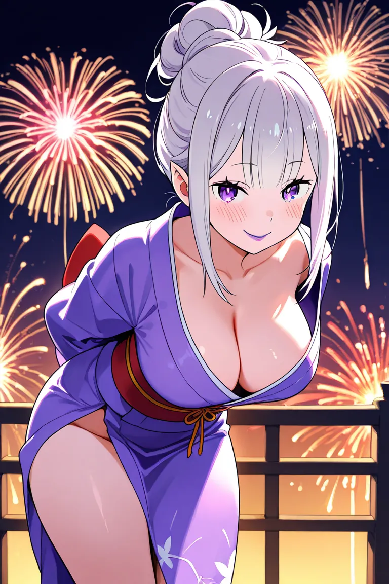 score_9, score_7, anime_source, 1 girl, Emilia (Re:Zero), large breasts, large thighs, purple eyes, playful smile, seductive gaze, sexy pose, at night, at a carnival, fireworks in the sky, leaning forward, lipstick, purple lips, smiling flirtatiously, hand...