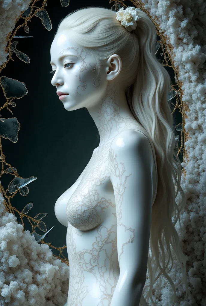 Marble Woman, perfect anatomy, perfect fingers, photo, 8k ((surreal)) alien marble sculpture situation tattoo, intricate, elegant, highly detailed, majestic, digital photography, art by art germ and ruan jia and Greg Rutkowski surreal painting gold and sil...