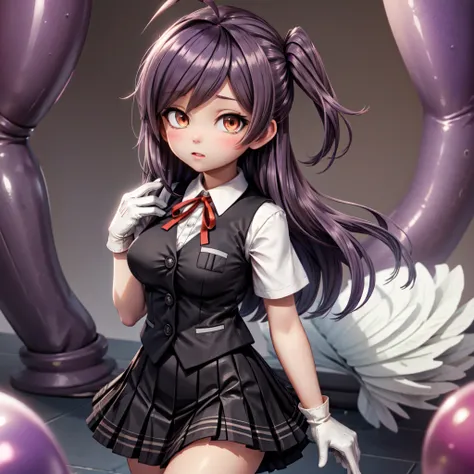 hagikazeKC,brown eyes, purple hair,one side up,long hair,ahoge,white shirt, short sleeves, pleated skirt,white gloves, black skirt, red ribbon,  neck ribbon, black vest, breasts,