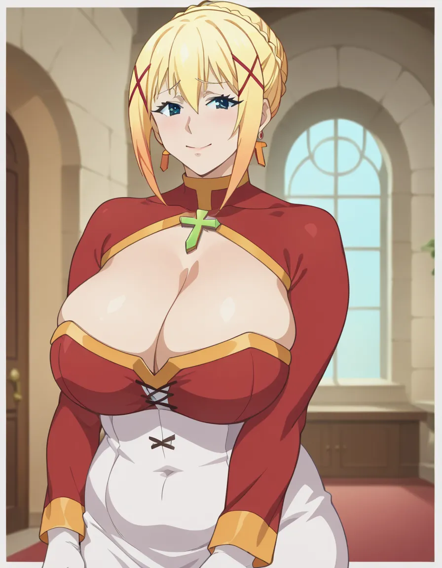 score_9, score_8_up, score_7_up, source_anime, Darkness lalatina,konosuba,Big breast,Golden bracelet,Half open eyes,((blue drop earring)),Mature,((Cleavage)),long sleeve,(((Wedding ring))),((Enchanced breast)),noble rings,(((Cross hairpin))),Blue eyes,Blon...