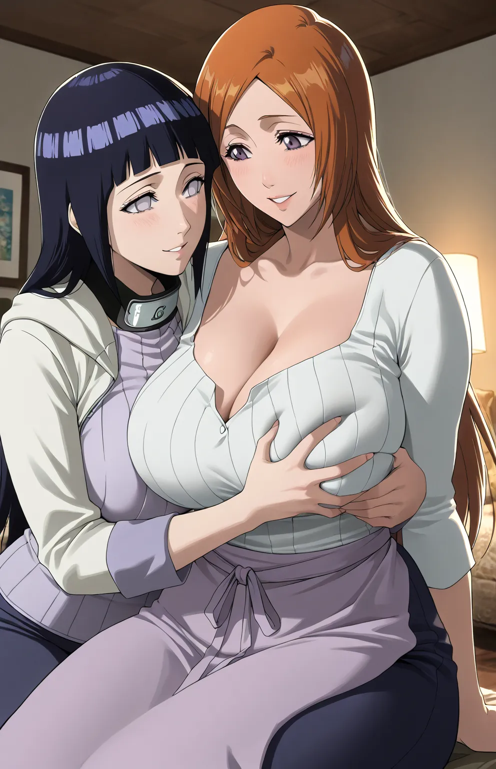 score_9,score_8_up,score_7_up, source_anime, (Masterpiece), (hot curvy mommies), best quality, amazing quality, very aesthetic, absurdres, living room, soft light, high detailed, best quality, cinematic lighting and colors, 2girls, hugging each other, look...