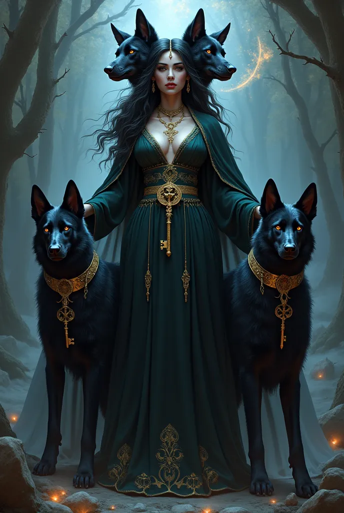 Goddess Hecate and her black dogs with gold collars and key pendant