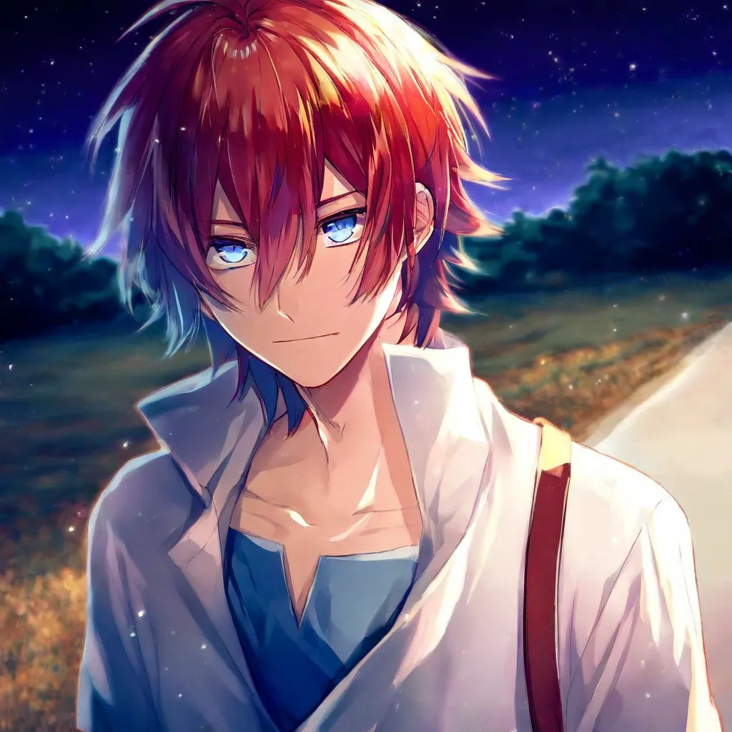 Red-haired male character mixed with purple with light blue eyes. 's face Wearing modern clothing with a white shirt with a blue blouse with loose pants. focusing on the character, on a field with night sky