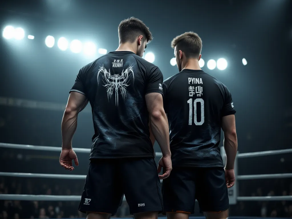 "A highly realistic male model with an athletic, muscular build standing in a boxing ring, wearing the same black sports jersey with martial arts graphics and branding as in the reference image. The image should showcase both the front and back of the jers...