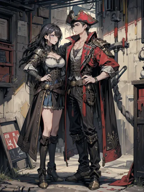 earring, big breasts, medium hair, ((((black hair)))), sexy, erotic, seductive, Sensual, adult body, sweat, from top to knee shot, a heavily armored pirate, pirate captain, detailed metal armor, intricate pirate clothing, bold colors, highly detailed metal...