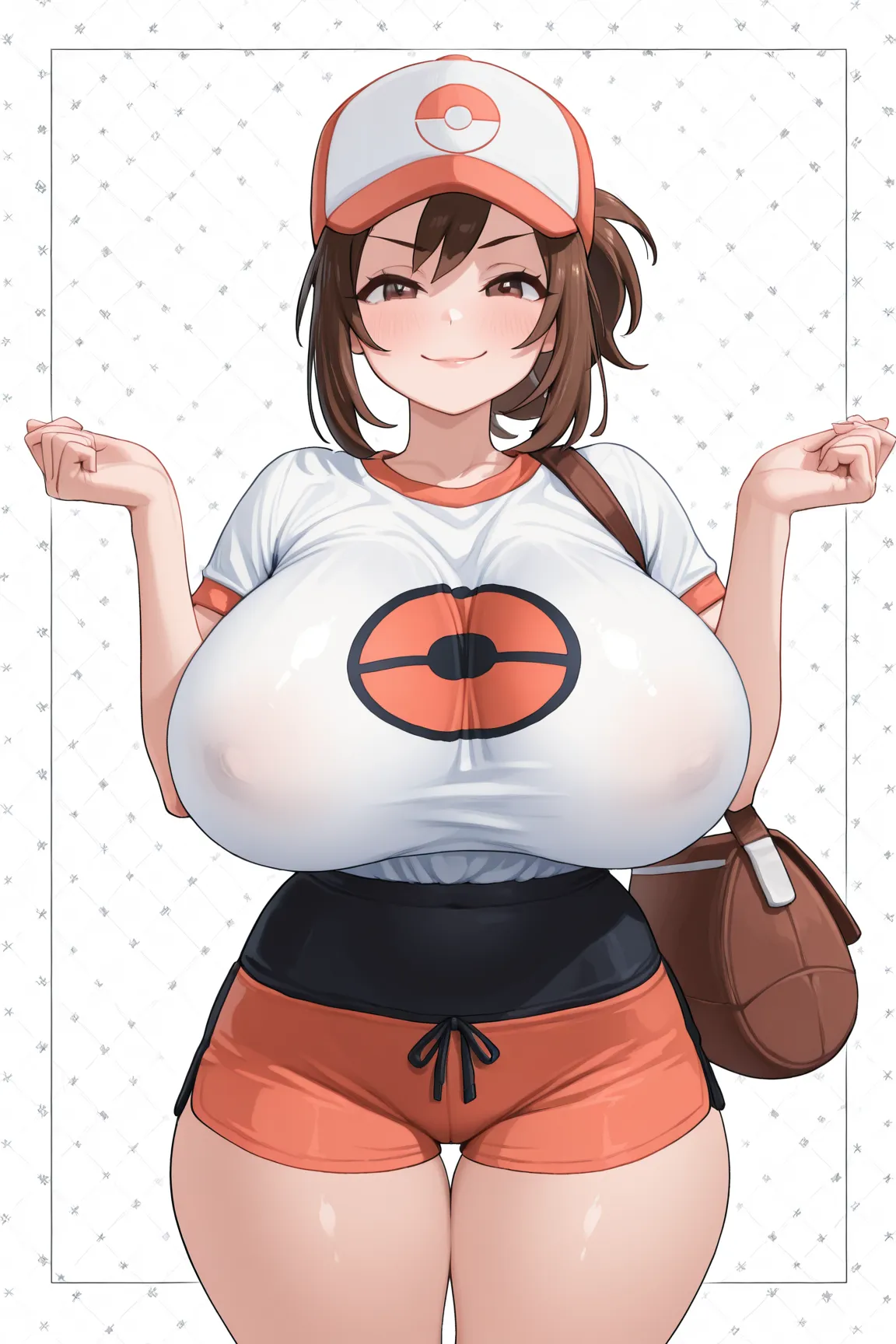 a girl in a baseball cap and shorts with a purse, pokemon trainer outfit, female protagonist,your hands Lift up  your shirt to  Show me your boobs ,（ Show me full tits is a must,extreme closeup shot in boobs,）,masutepiece, Best Quality, Illustration, Ultra...