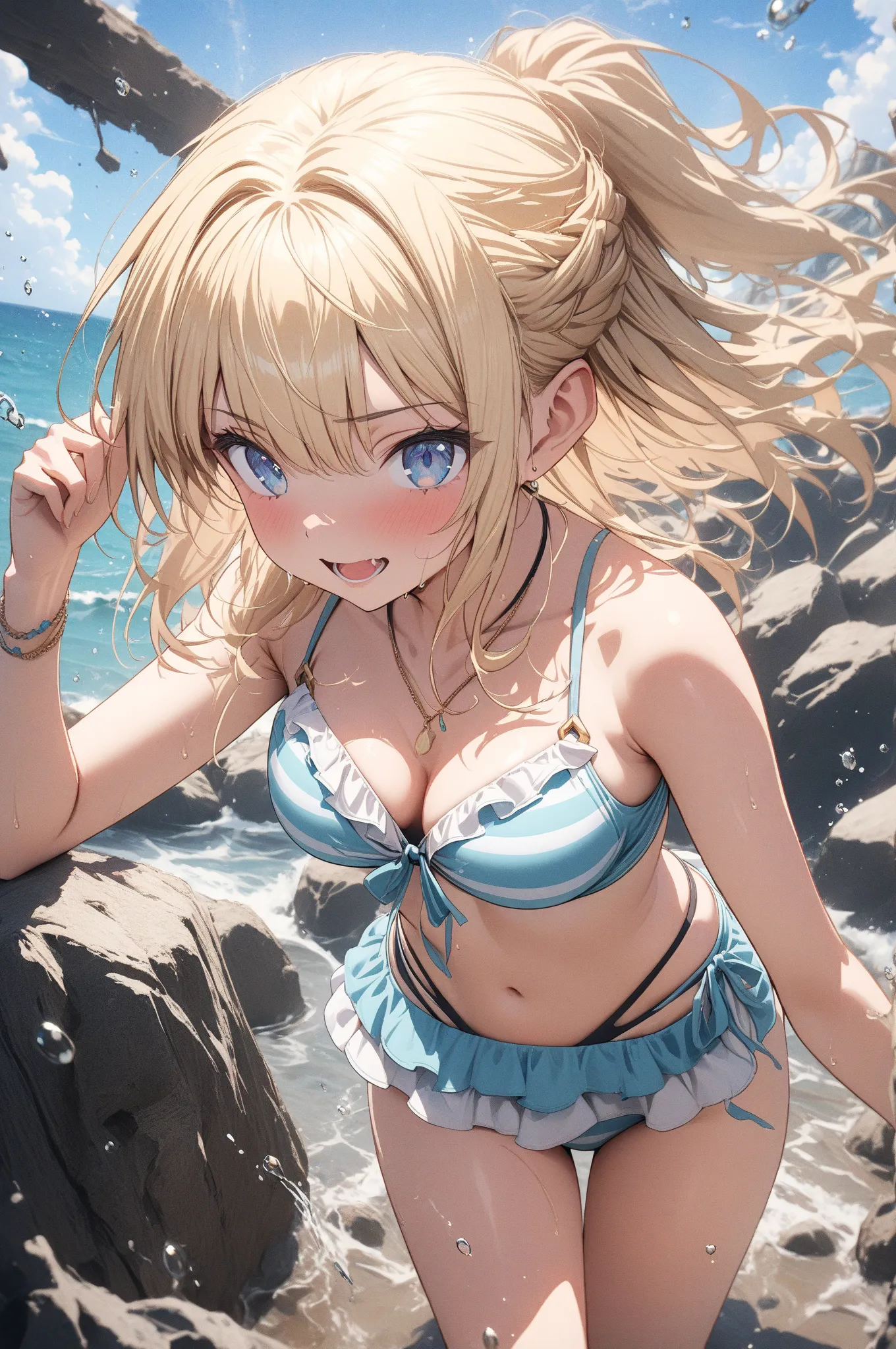 (masterpiece, detailed:1.2), One Girl, (18-years old), blonde half updo, Medium Breasts, sky blue eyes, BREAK, Highest quality, from avobe, layered bikini, cowboy shot