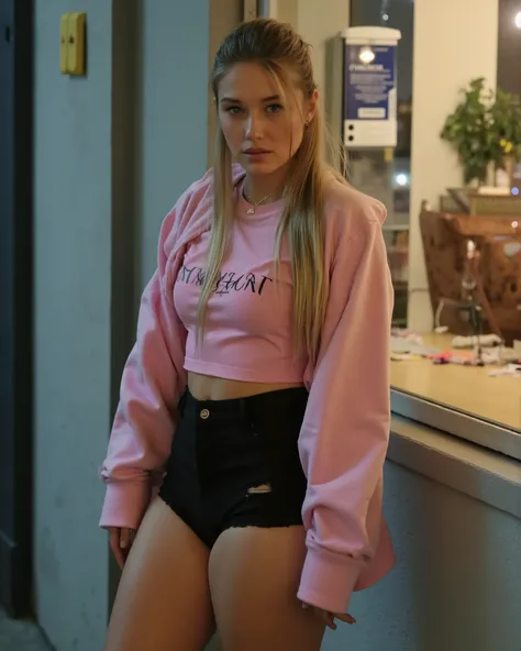 blonde light blue eye,, intricate details, , Realistic, ((Medium breathing)), long hair,,, toys, School Shirt , ripped shorts black pink, unbuttoned jacket, turtleneck t-shirt, night, against the wall, glass wall of a coffee shop,, Graphite, faint light...