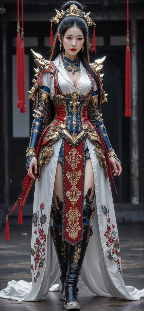 Picture a 20-year-old young Chinese woman. gigantic breasts, cleavage, hourglass figure,  Long, straight black hair tied in a high bun adorned with a gold-and-red military headdress and a ponytail falling down her back. Wearing a Chinese Dynasty military t...