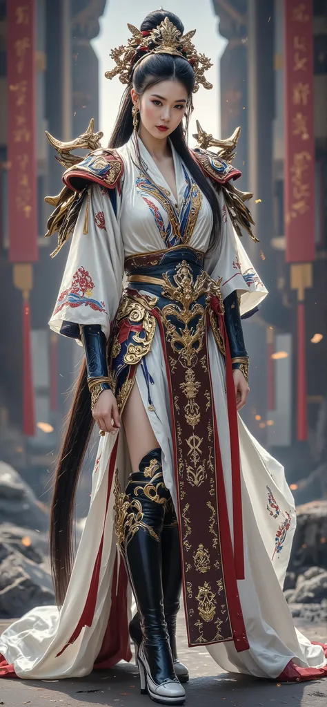 Picture a 20-year-old young Chinese woman. gigantic breasts, cleavage, hourglass figure,  Long, straight black hair tied in a high bun adorned with a gold-and-red military headdress and a ponytail falling down her back. Wearing a Chinese Dynasty military t...