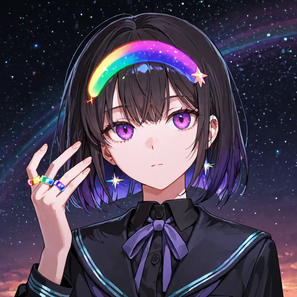 Wearing black from a place where you can see the stars in the night sky, Iridescent woman with dark hair and purple eyes,is expressionless, school uniform, rainbow-colored rings on the head