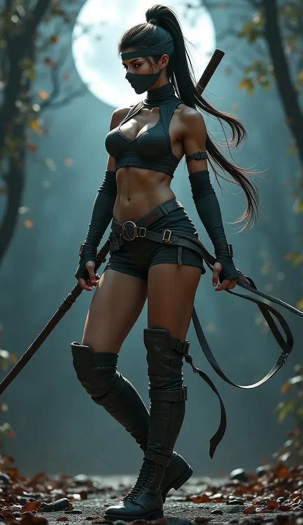 Create a stunning and dynamic image of a female ninja inspired by Jade from Ultimate Mortal Kombat 3. She should be beautiful, athletic, and powerfully built, with a toned physique, large breasts, a slim waist, and thick, muscular thighs. Her outfit should...