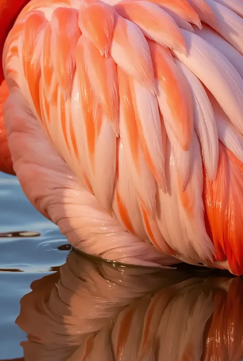 A **hyper-realistic extreme close-up** of a **majestic pink flamingo’s feathers at the Djoudj National Bird Sanctuary in Senegal**. The delicate, soft plumes transition from **a deep coral at the base to a translucent pastel pink at the edges**, with **tin...