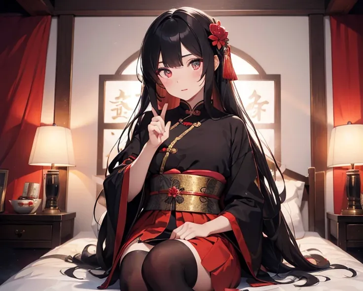 a beautiful and feminine young man, male courtesan, male geisha, he has a tear mole under his left eye, black long hair, black eyes, red chinese long clothes with flower pattern, light makeup, red lipstick, chinese bedroom.