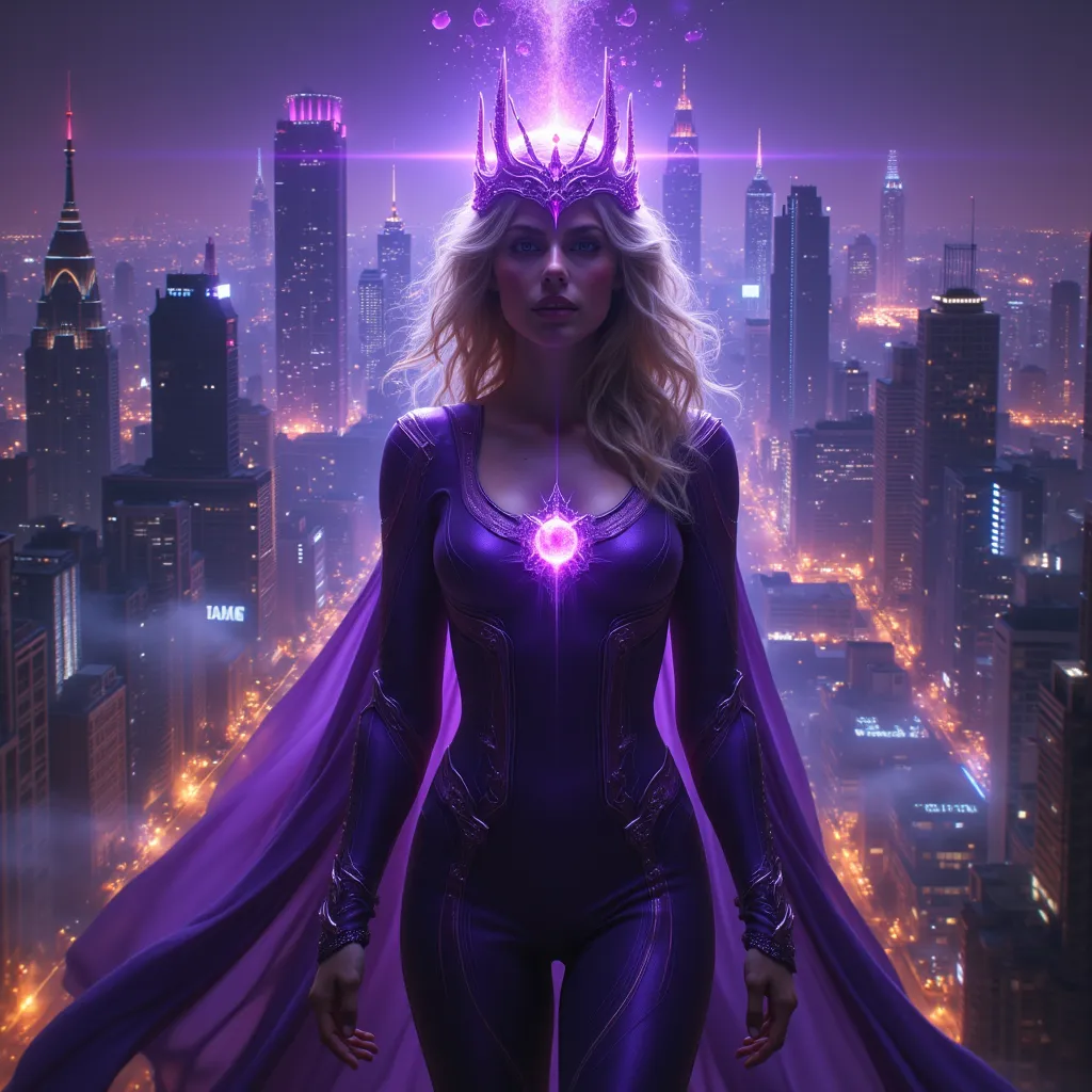  blonde alone, purple clothes, amethyst, DC, noble, Integrity, superheroine, full body, midnight, SF, Crime City panorama, vs Villain, auralora