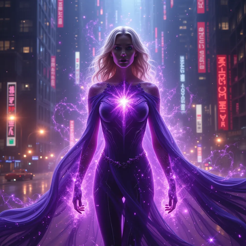  blonde alone, purple clothes, amethyst, DC, noble, Integrity, superheroine villain, full body, midnight, SF, Crime City panorama, auralora