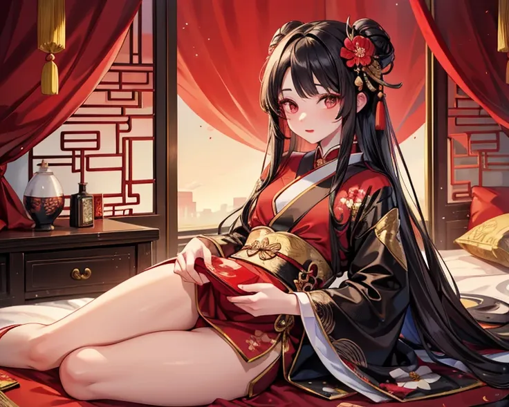 a beautiful and feminine young man, male courtesan, male geisha, he has a tear mole under his left eye, black long hair, black eyes, red chinese long clothes with flower pattern, light makeup, red lipstick, chinese room.