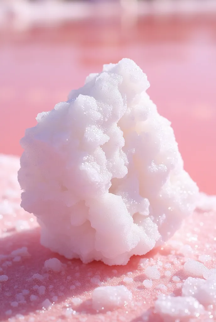 A **hyper-realistic extreme close-up** of a **rough, crystalline chunk of pure white salt**, freshly harvested from **Lac Rose (Retba-See) in Senegal**. The jagged edges of the **salt crystal glisten under the sunlight**, reflecting a subtle pink hue from ...