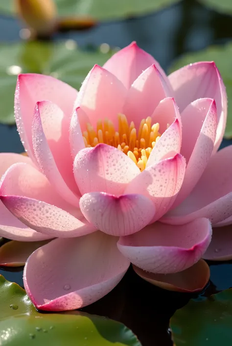 A **hyper-realistic extreme close-up** of a **delicate pink and white lotus flower** floating on the **calm waters of the Djoudj National Bird Sanctuary in Senegal**. The **smooth, slightly translucent petals curl gently at the tips**, with **tiny droplets...