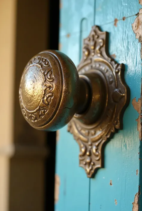 A **hyper-realistic extreme close-up** of an **aged, ornate brass door handle** on a **historic colonial building on Gorée Island, Senegal**. The surface of the **metal knob is weathered and slightly corroded**, showing **traces of oxidation and a deep pat...