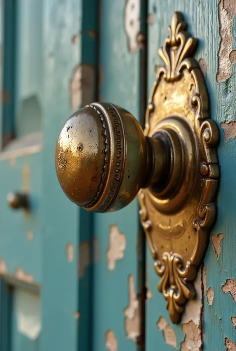 A **hyper-realistic extreme close-up** of an **aged, ornate brass door handle** on a **historic colonial building on Gorée Island, Senegal**. The surface of the **metal knob is weathered and slightly corroded**, showing **traces of oxidation and a deep pat...